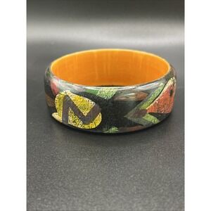 Wide Wooden Bangle Bracelet Colorful Painted Vtg Made in India 2.75" Diam. As Is